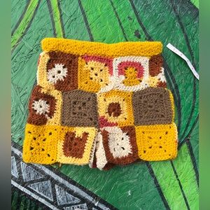 Handmade Crocheted Granny Square Patchwork Shorts in Mustard, Brown & Cream